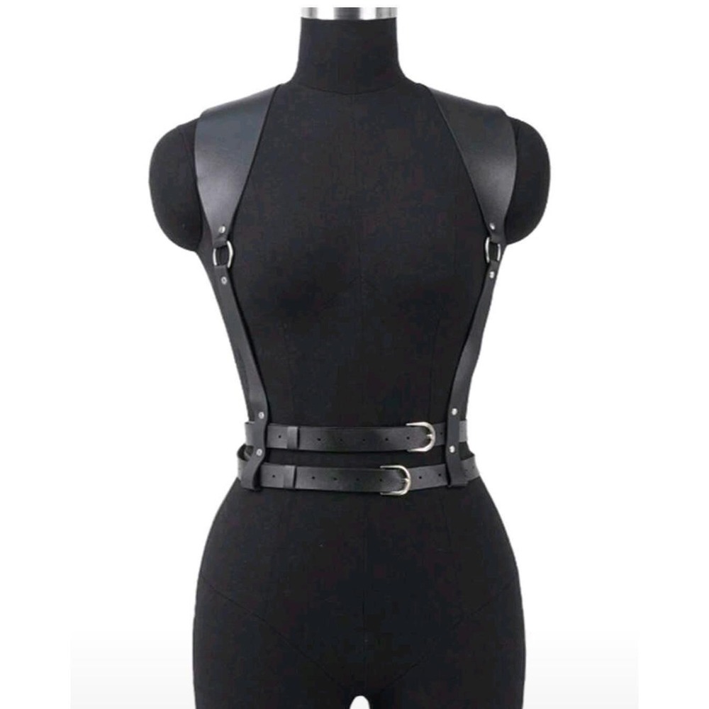 Black Faux Leather Harness Body Chest‎ Straps Belt Adjustable Buckles for  Women